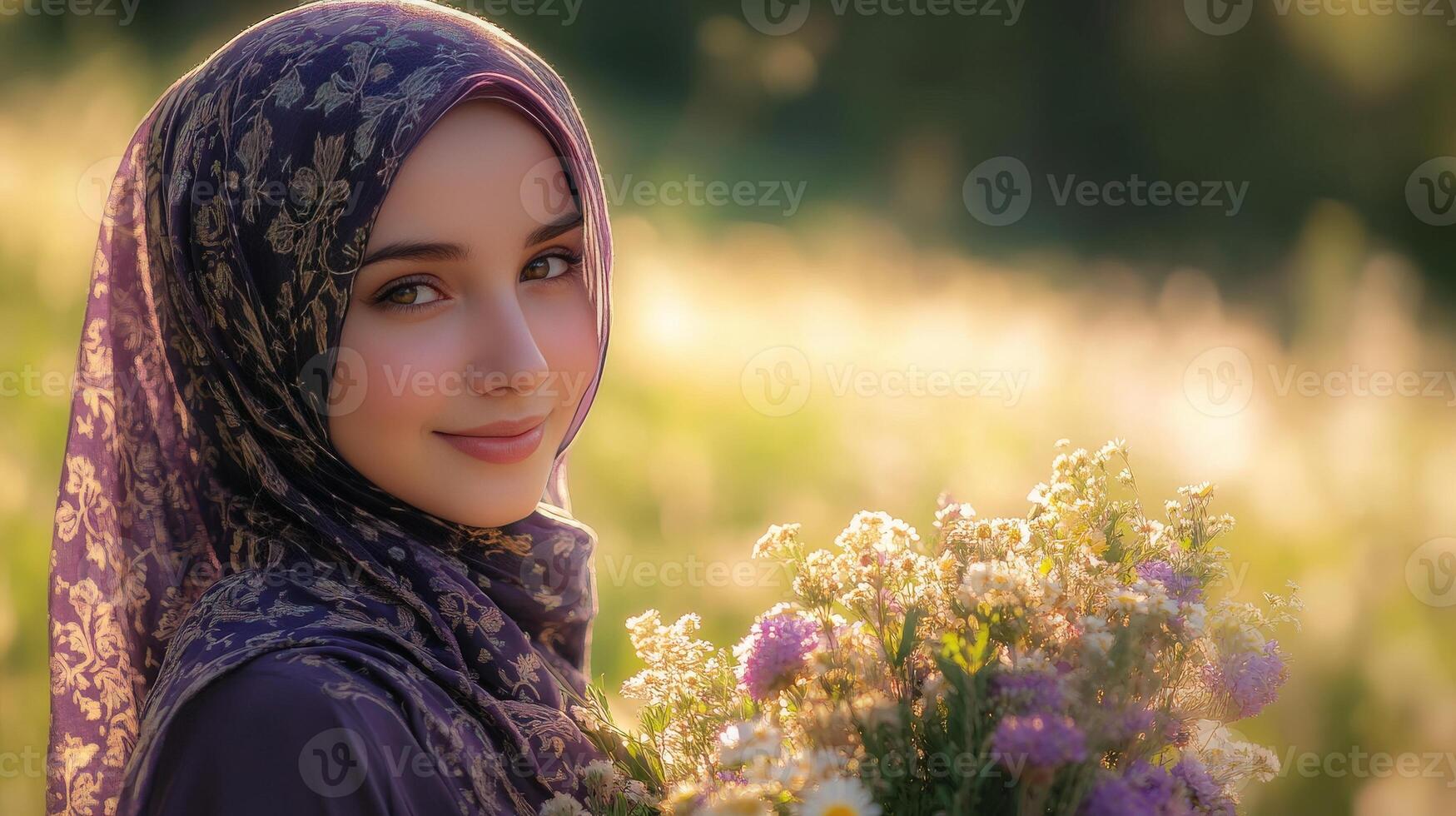 Young Woman Wearing Hijab Holds Wildflowers photo