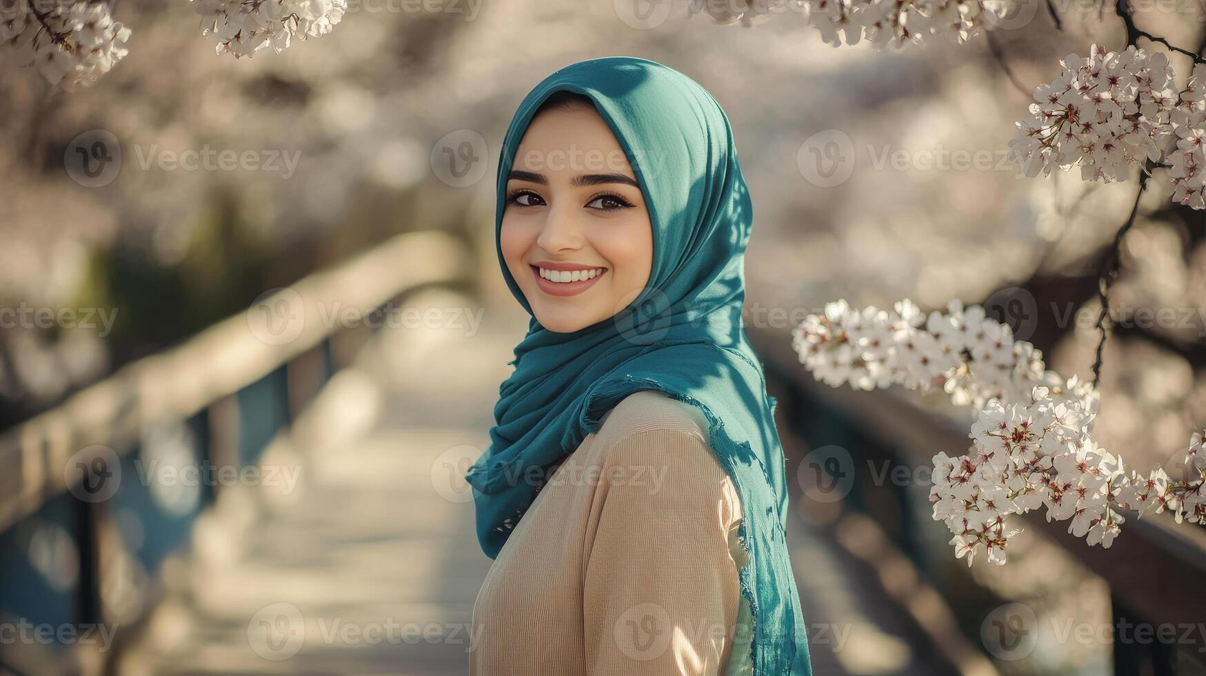 Woman Wearing Hijab Smiles Amidst Cherry Blossoms photo