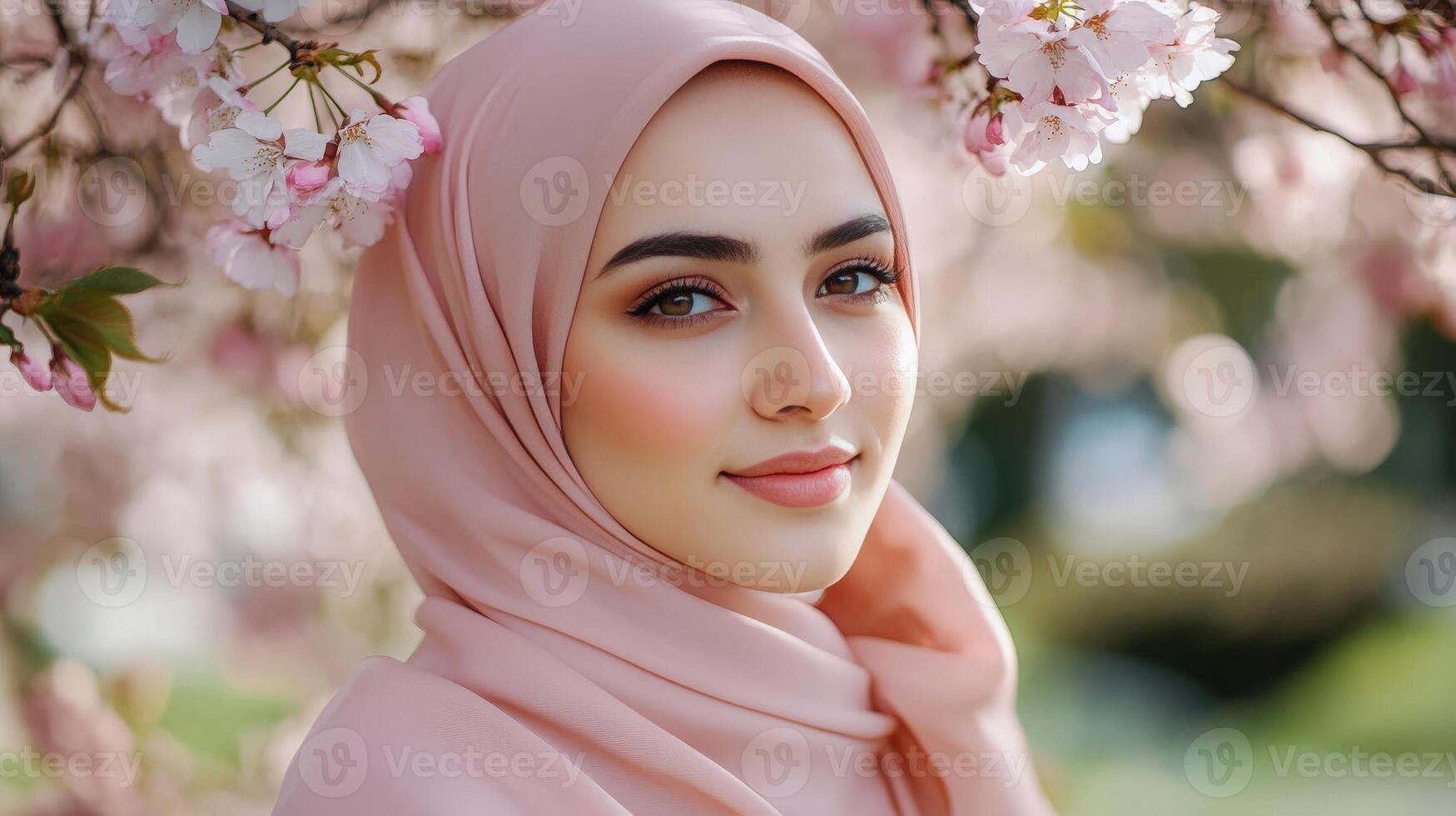 Woman wearing hijab amidst blooming cherry blossoms photo