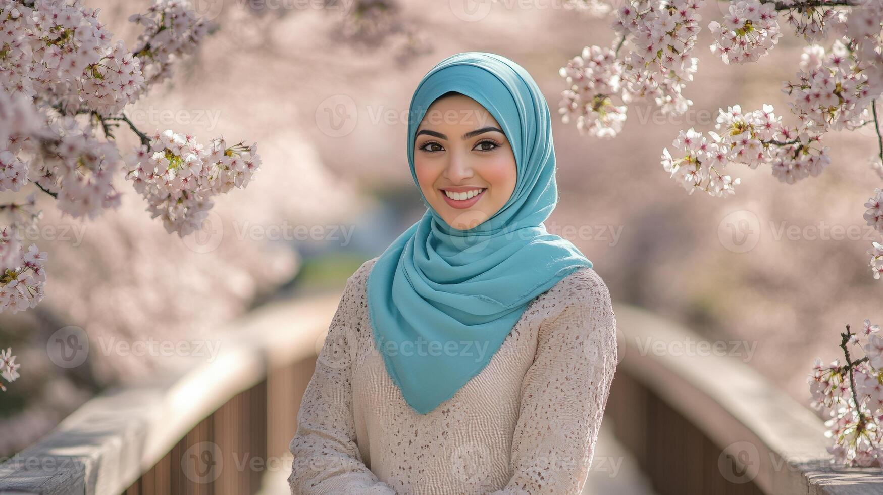 Woman in hijab smiles amidst blooming cherry blossoms photo