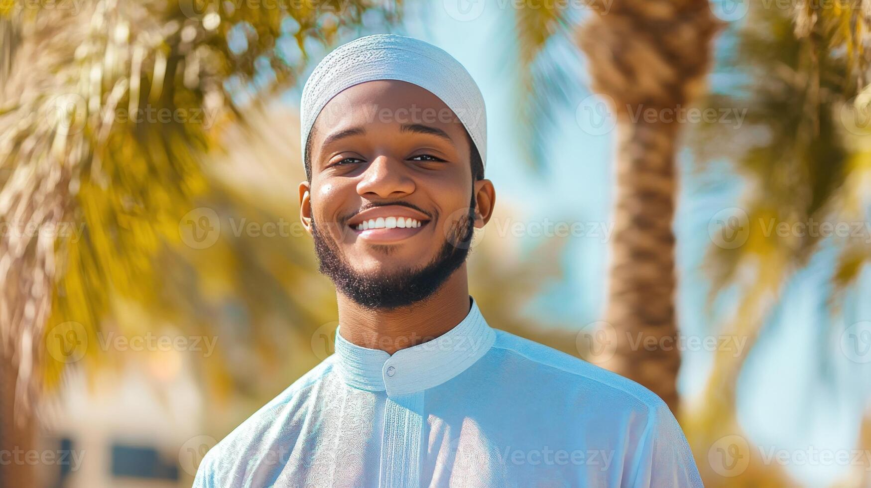 Smiling Young Man Wearing Traditional Muslim Clothing photo