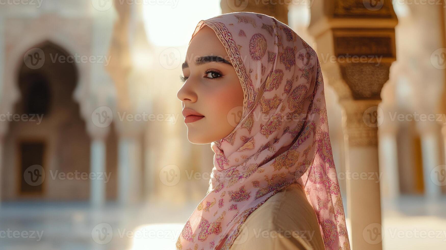 A woman wearing a pink hijab in an arabic setting photo
