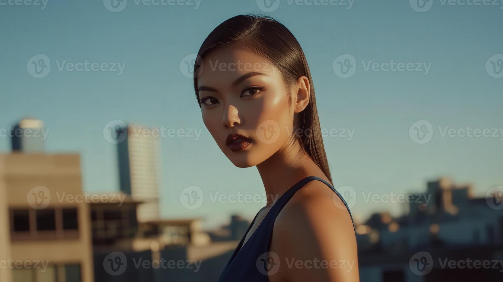 Woman Poses Against City Skyline During Sunset photo
