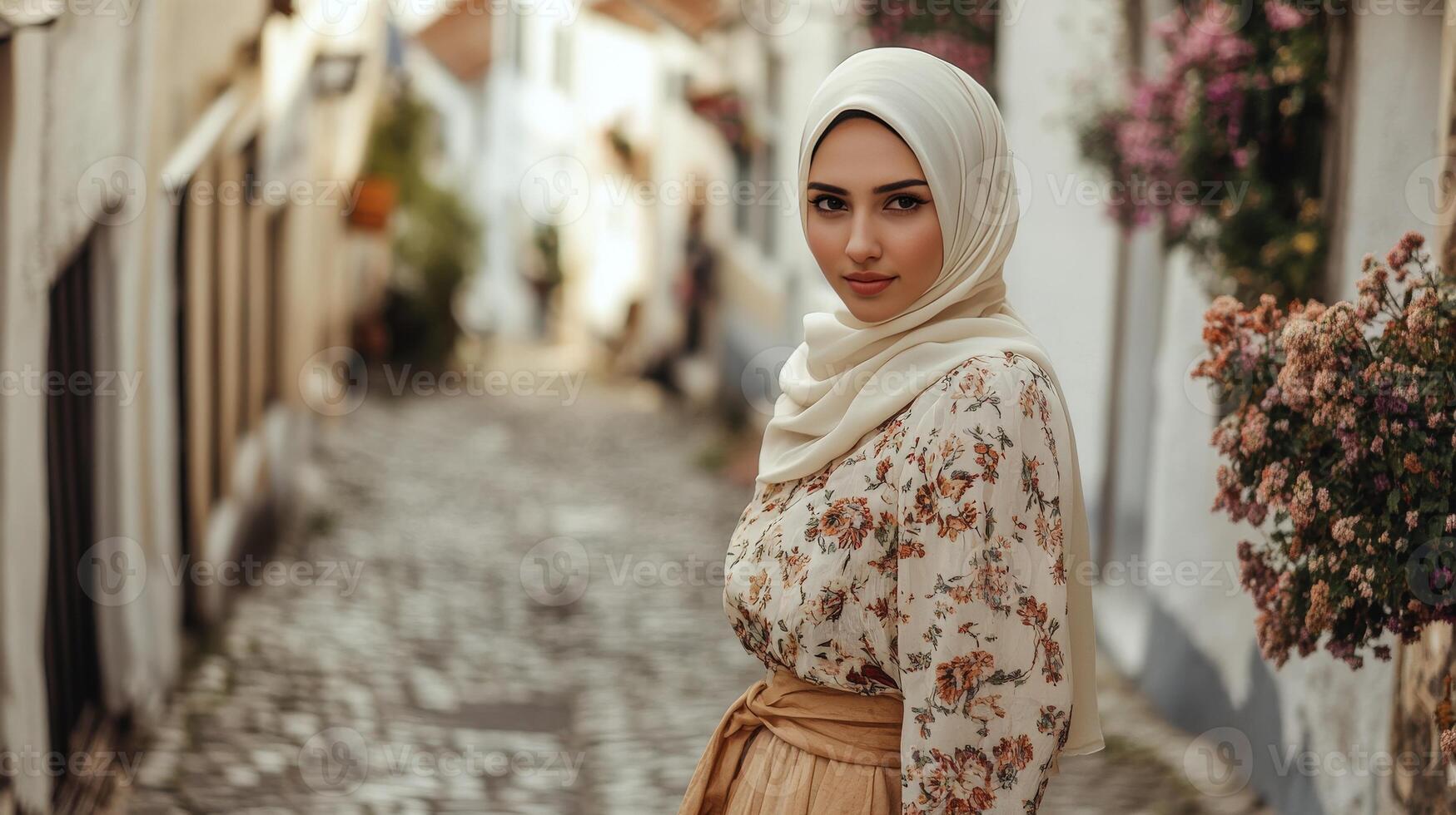 Young Woman Wearing Floral Dress and Headscarf in Alleyway photo