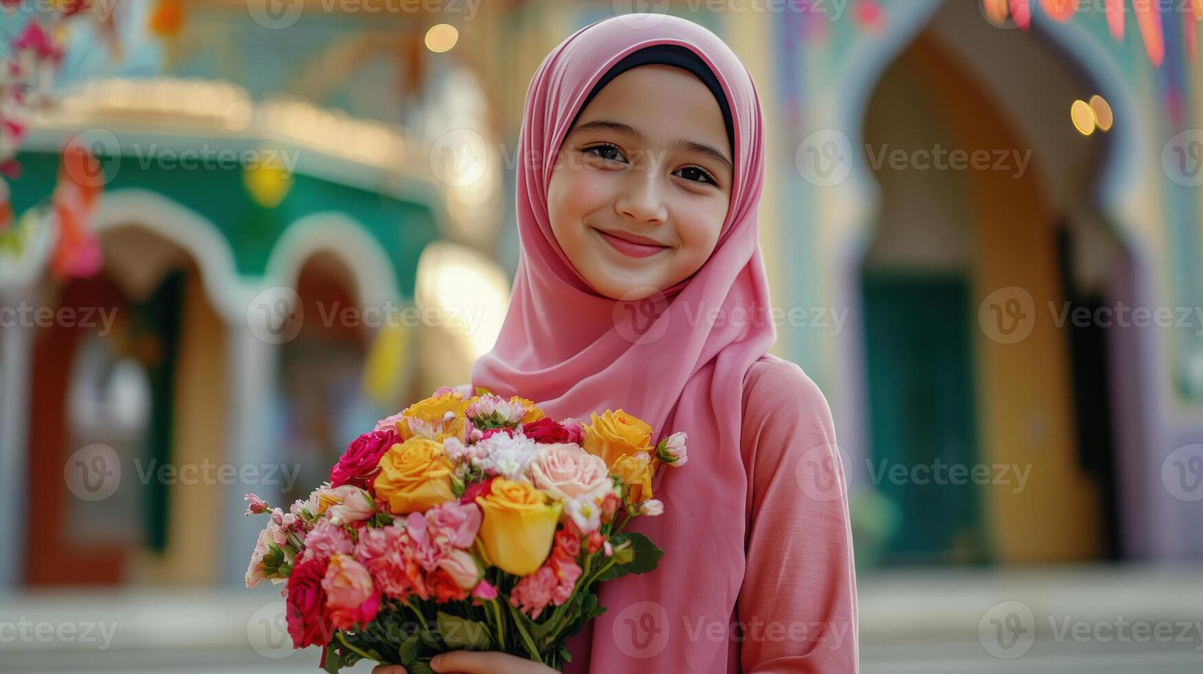 Young Girl In Pink Hijab Holding Colorful Flowers photo