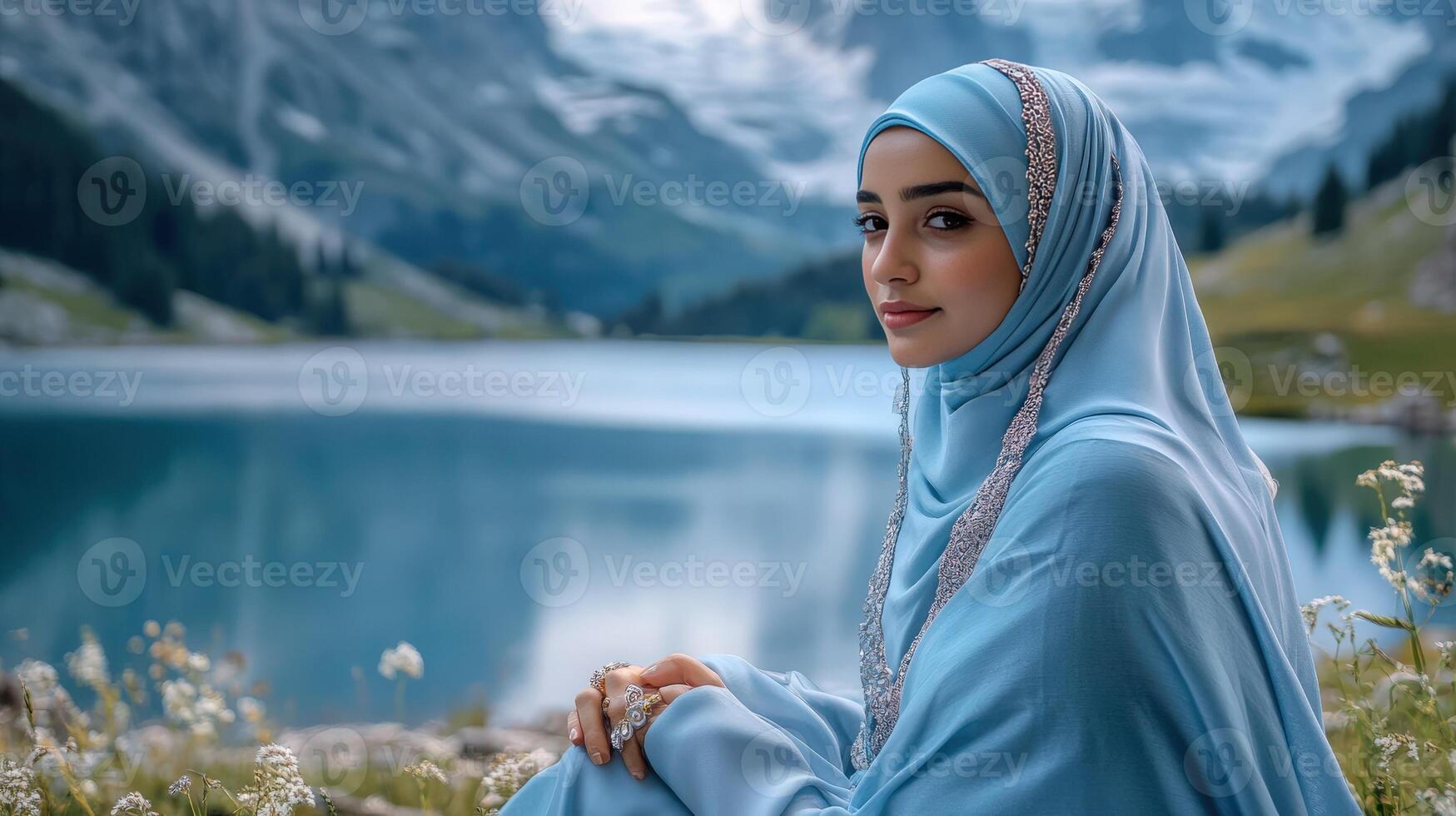 Woman In Blue Hijab By Serene Mountain Lake photo