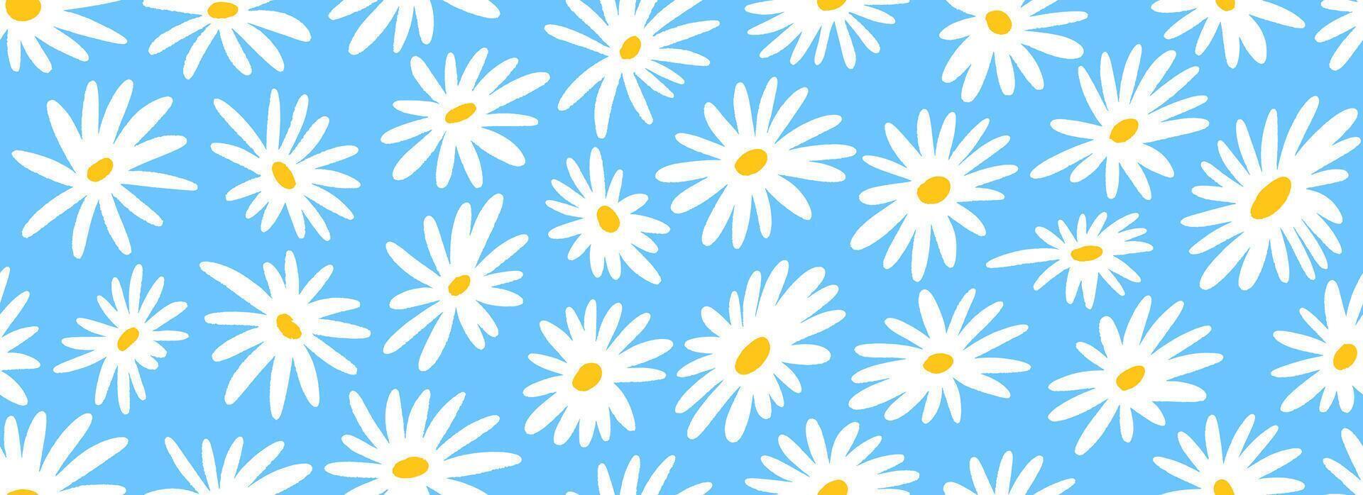 Hand drawn chamomile seamless pattern. Floral repeating wallpaper for textile design, fabric, print, wrapping paper. Cute daisy flowers on blue background. Repeated ditsy texture vector
