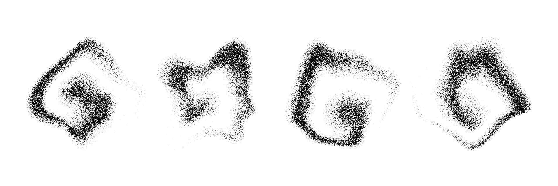 Stippled gradient smoky shapes. Grainy fluid spots and stains. Black dotted flowing dust set. Noise splashes and splatters forms. Dissolve sand particles texture. Fading halfton elements vector
