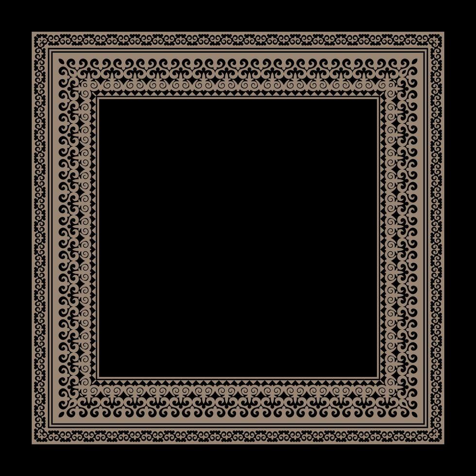 Decorative gold Islamic Asian Kazakh square frame with abstract pattern on a black background. Square frame. Template for laser cutting, printing card, invitation, textiles, engraving, forging. vector