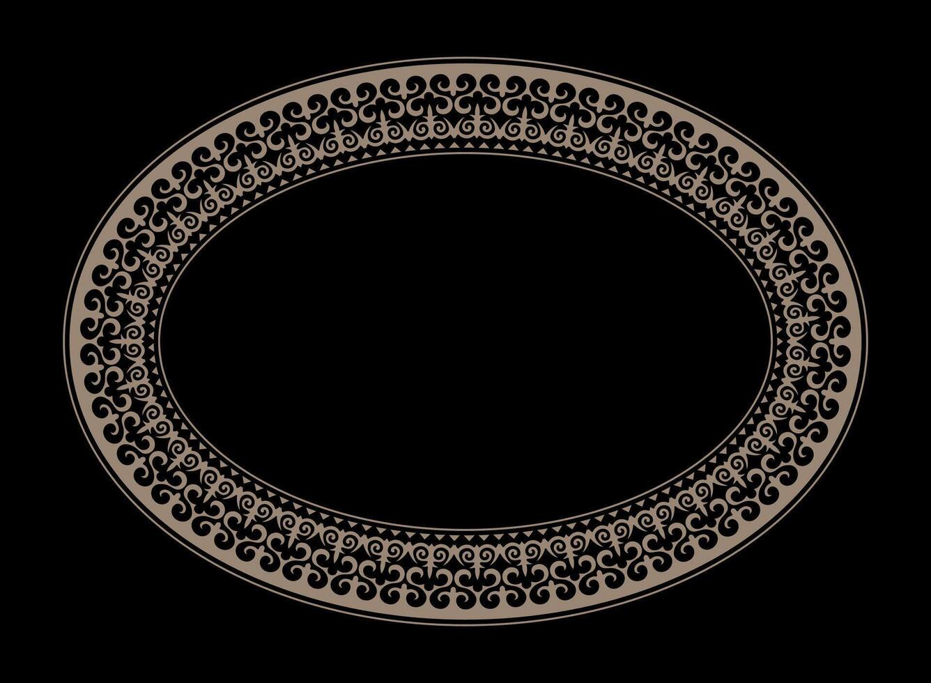 Gold Islamic Asian Oval porcelain plate on a white background. Turkic golden pattern frame, border, decorative ornament of the Kazakh, Kyrgyz, Mongol, Uzbek, Tajik. For plates, textiles, embroider vector