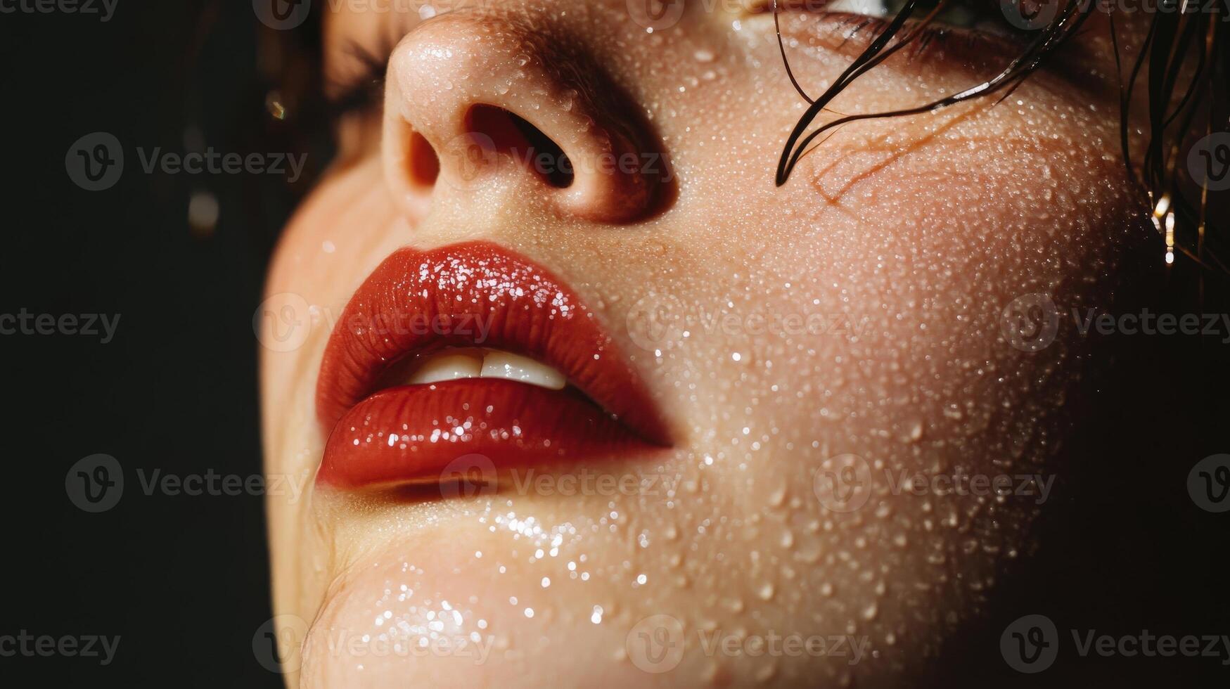 Close up of a womans face with red lipstick and perspiration photo