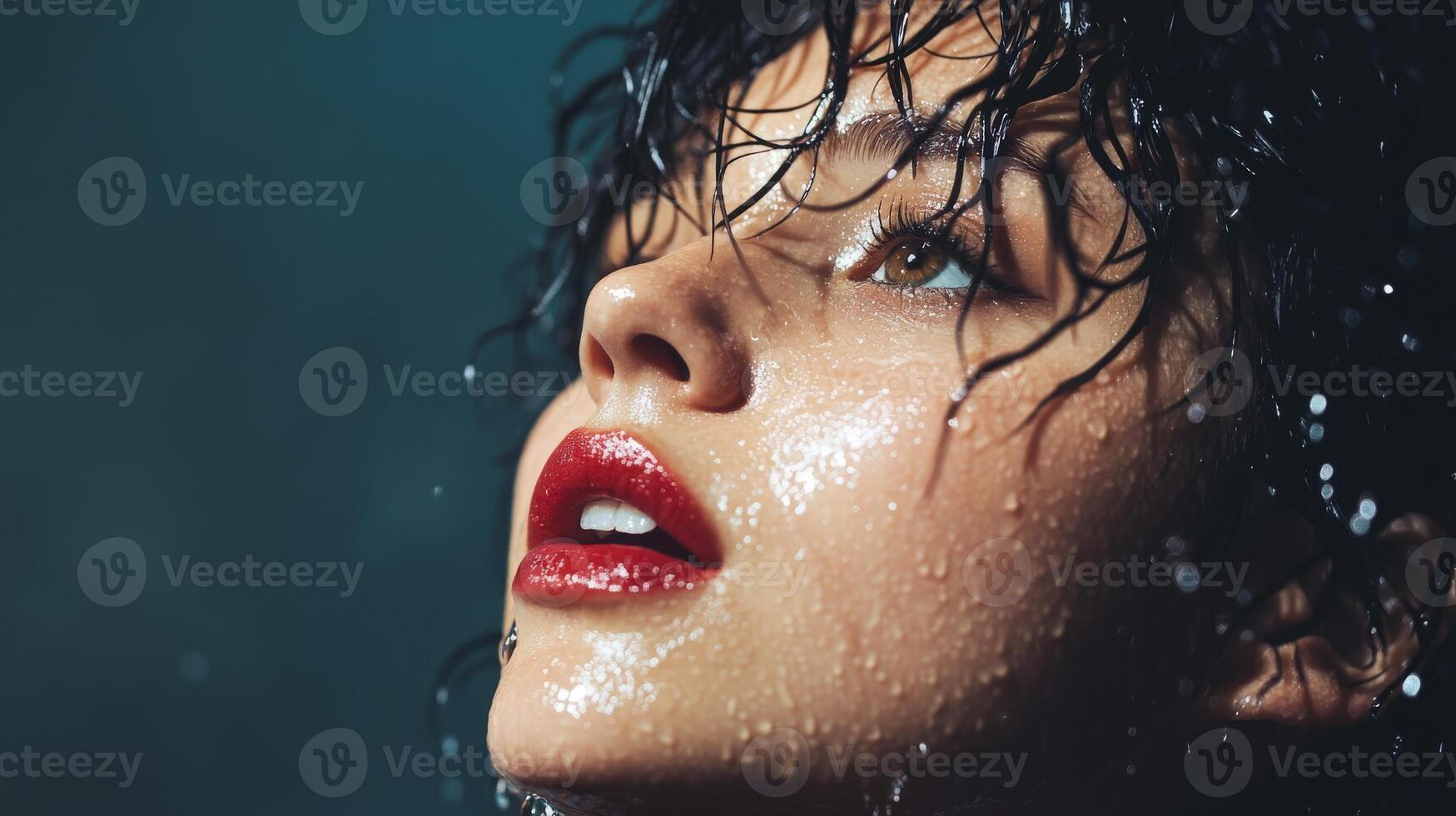 Wet Hair Woman Red Lips Close Up Portrait photo