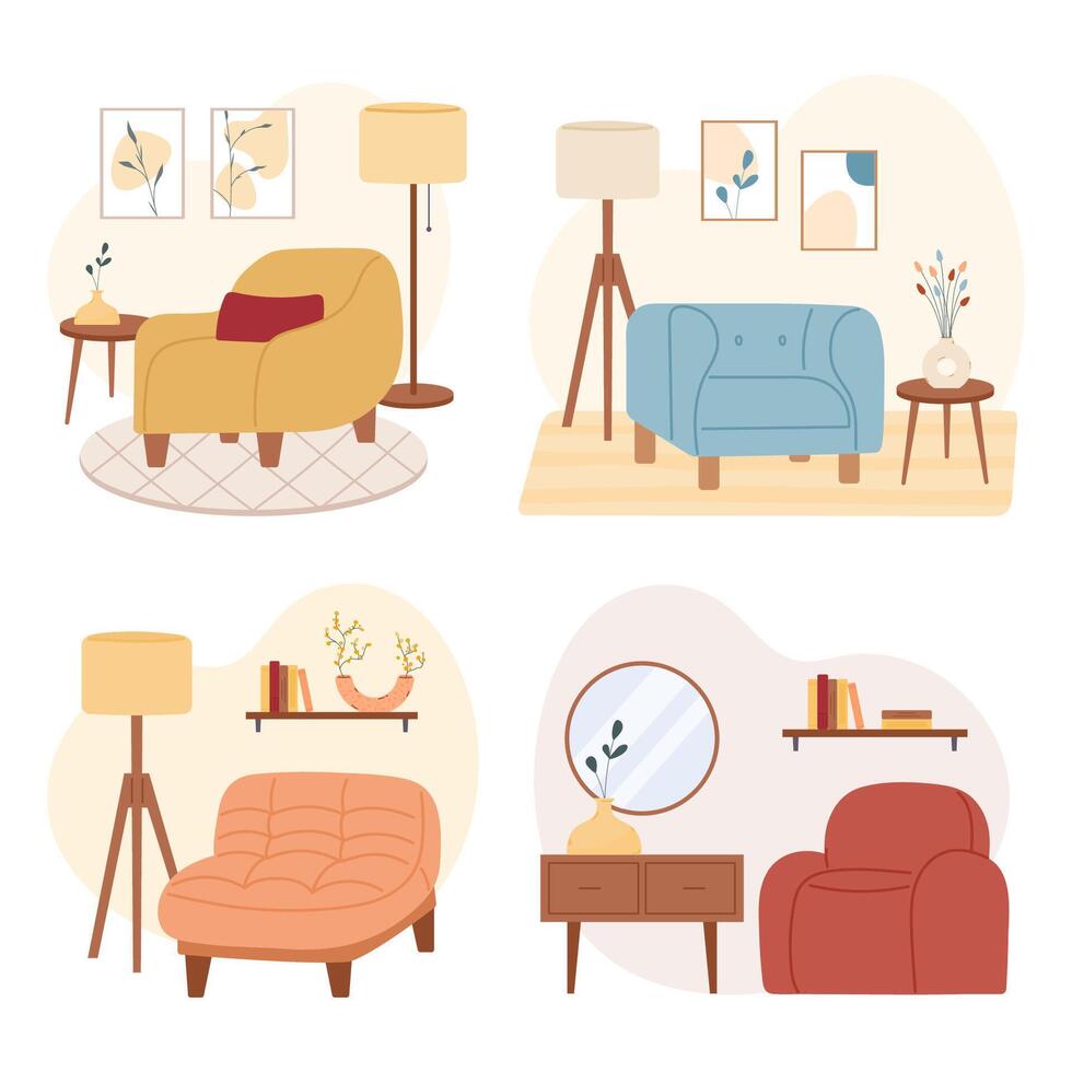 set with modern cozy interior design vector