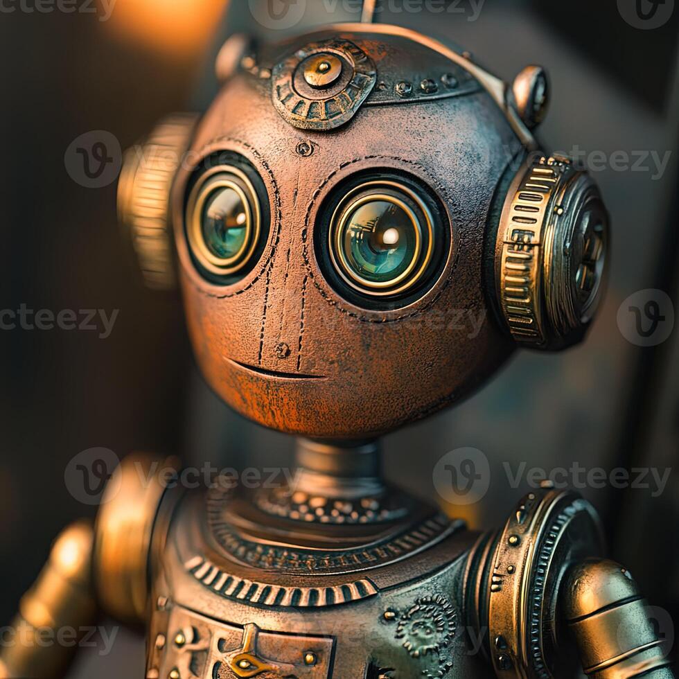 Close up of a robot with green eyes photo