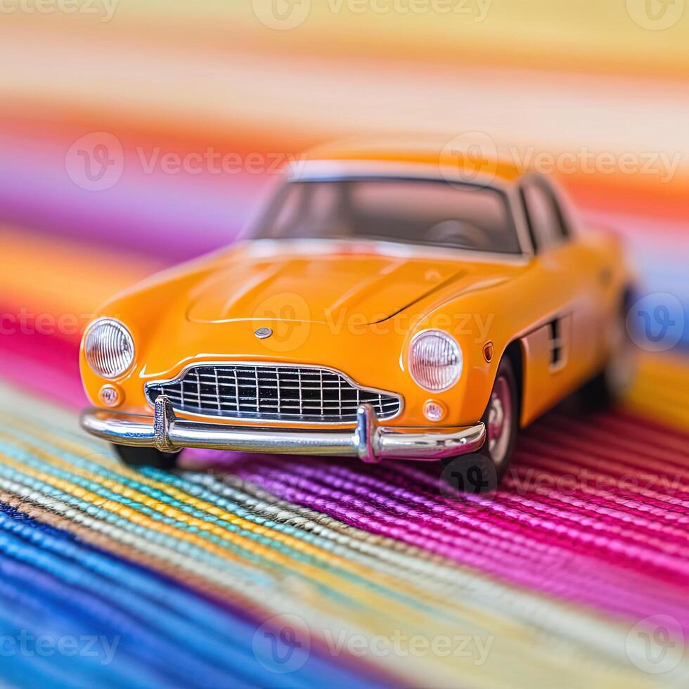 Toy car on a colorful striped surface photo