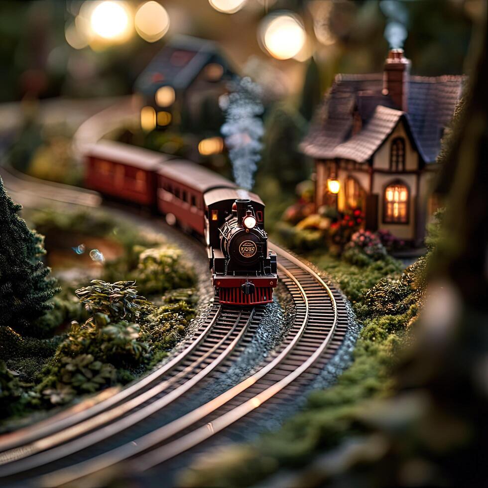 Miniature train is on the tracks near a house photo