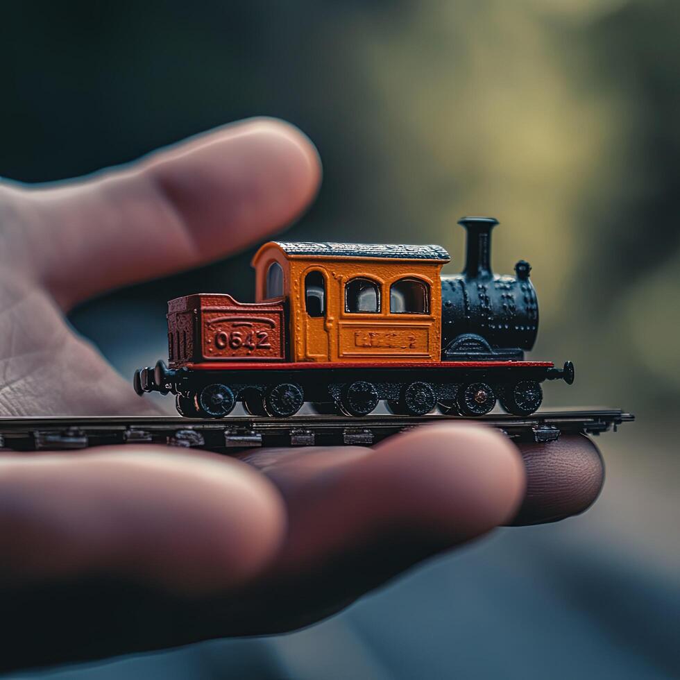 A person holding a miniature train on a track photo