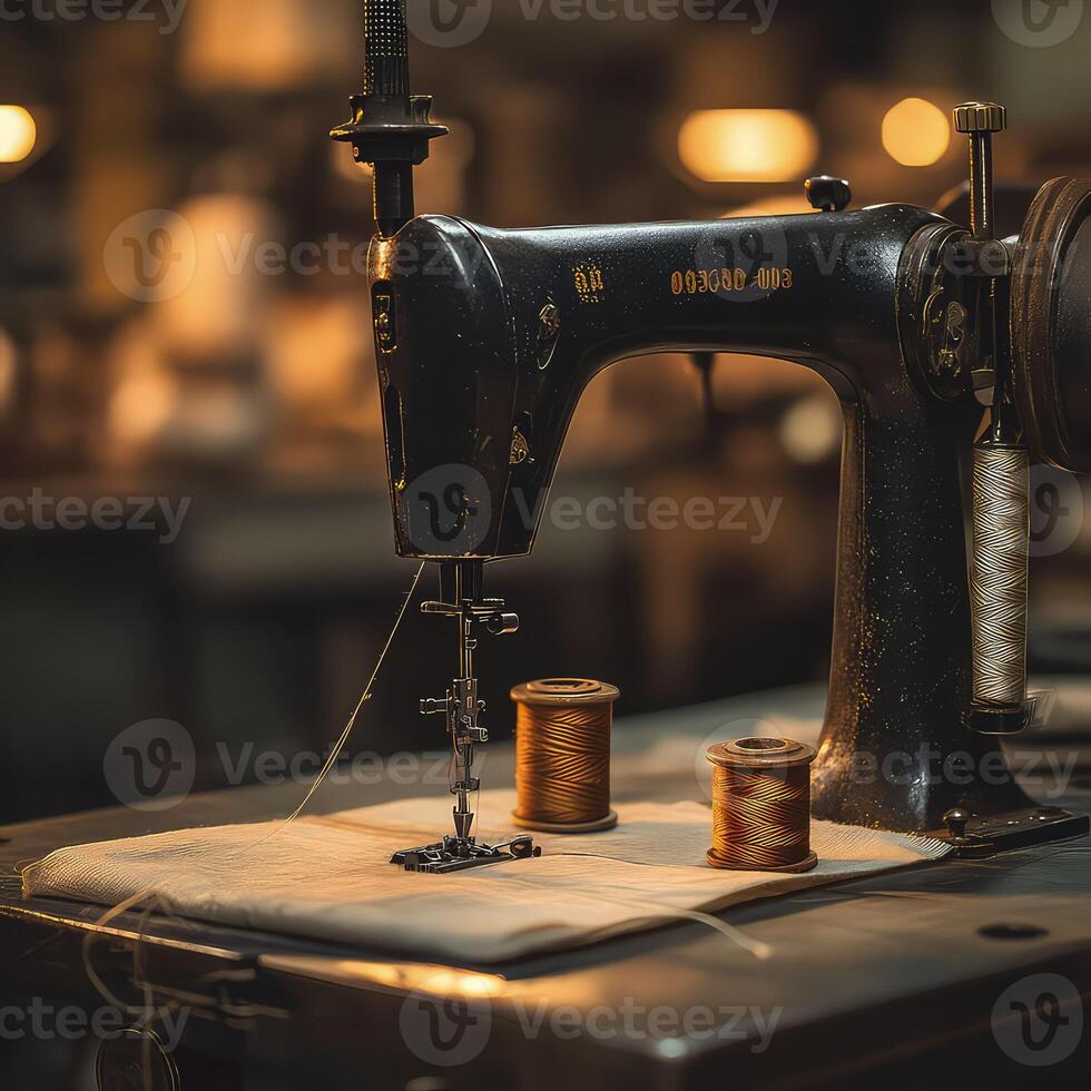 An old sewing machine with spools of thread on it photo