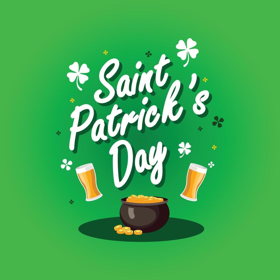 A vibrant typographic design for Saint Patrick's Day featuring clover motifs, shamrock ornaments, pots of gold, beer glasses and festive greenery vector