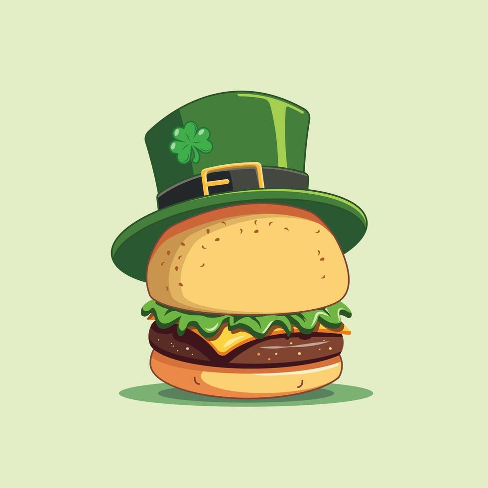 A festive flat cartoon burger wearing a vibrant green top hat, Ideal for holiday promotions, party invitations, or digital content celebrating March 17. vector