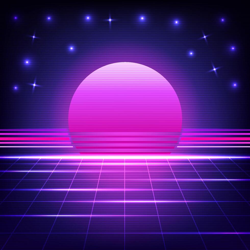 Digital technology retro background. Sci-Fi cyberpunk concept. Design for abstract, design, technology, wireframe, neon, light, grid, landscapes, retro, 80s, 90s. vector