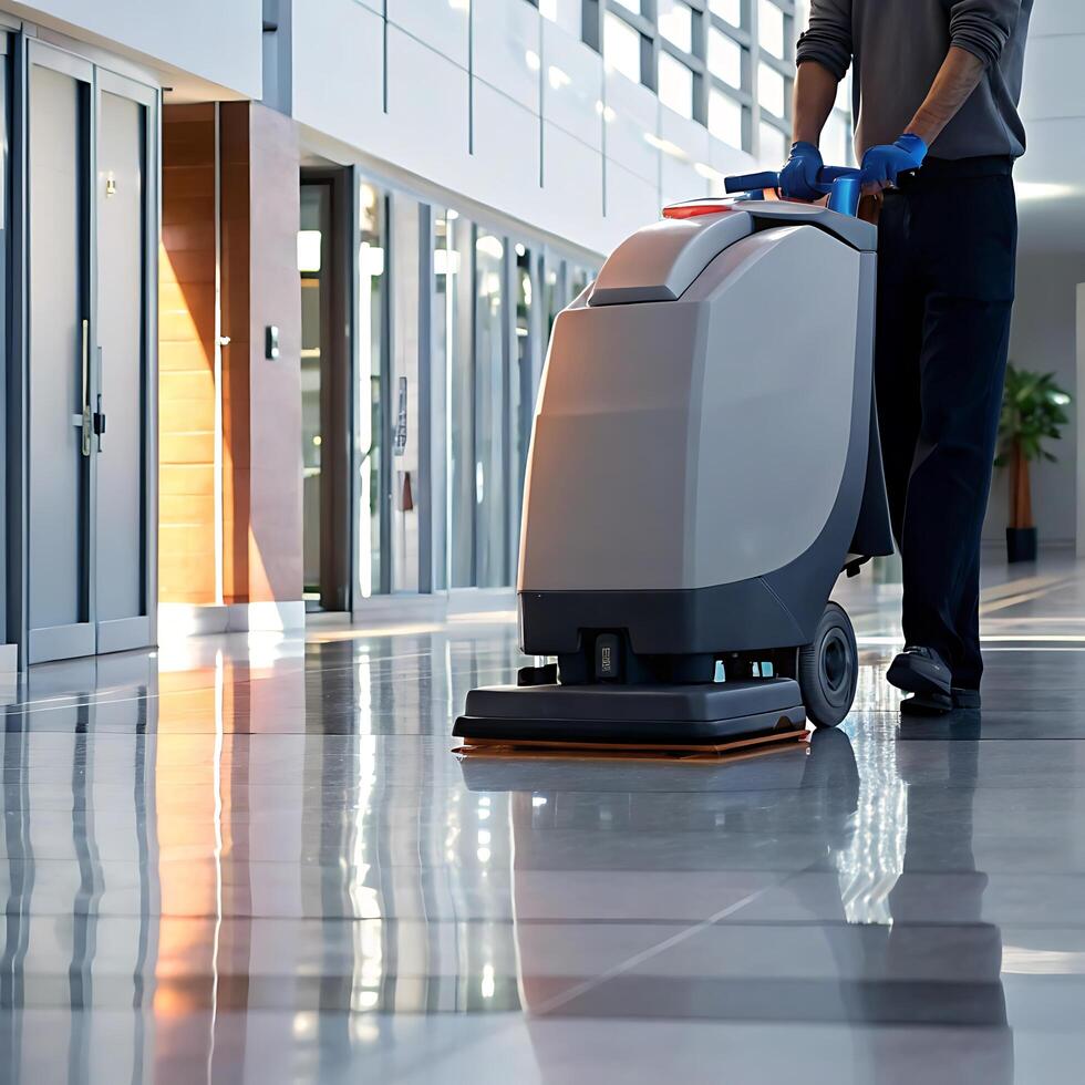 professional floor cleaning machine being used by a worker in a modern building hallway photo