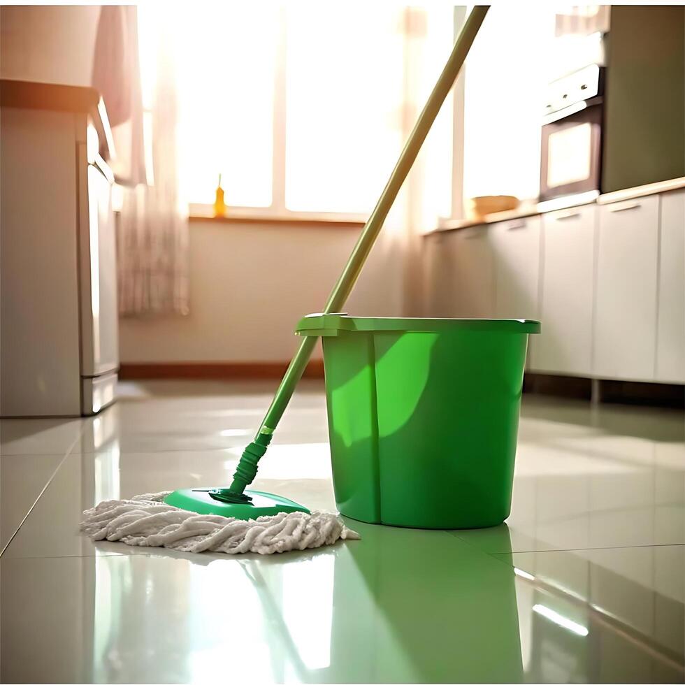 mop and green bucket on a clean shiny floor in a well-lit kitchen environment photo