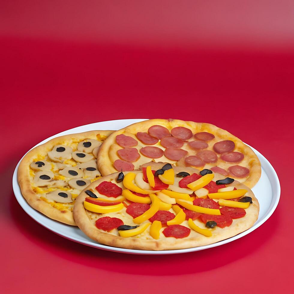 delicious pizza with colorful toppings served on a plate against a vibrant red background photo
