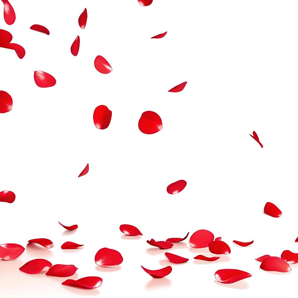 scattered red rose petals falling on a white background photo