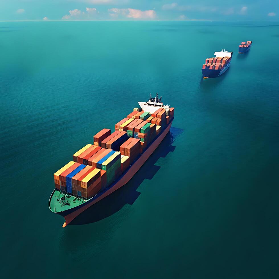 cargo ship loaded with colorful containers sailing on the open sea, global shipping concept photo
