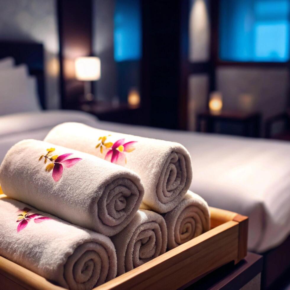 Luxurious Rolled Towels with Delicate Flowers in a Hotel Room photo