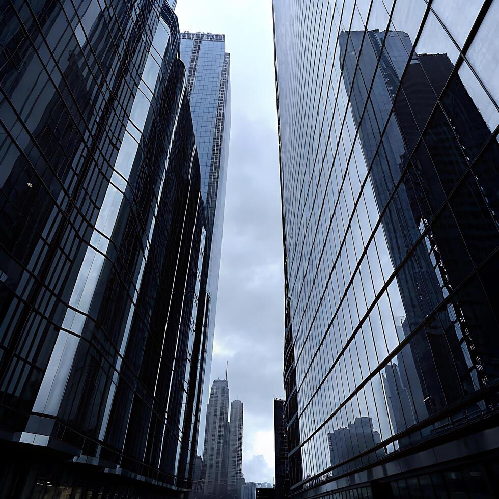 modern skyscrapers with reflective glass against a cloudy sky photo