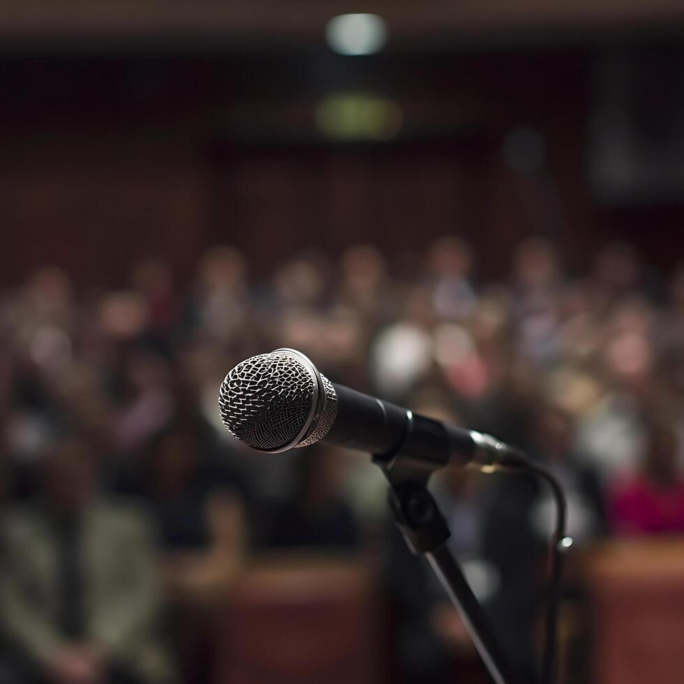 close-up of a microphone in focus with a blurred crowd in the background, public speaking concept photo