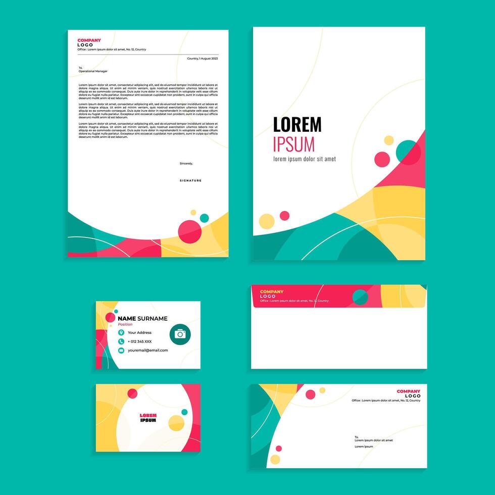 Stationery Equipment Set Bundling Design with Abstract Colorful Geometric Circle Composition vector