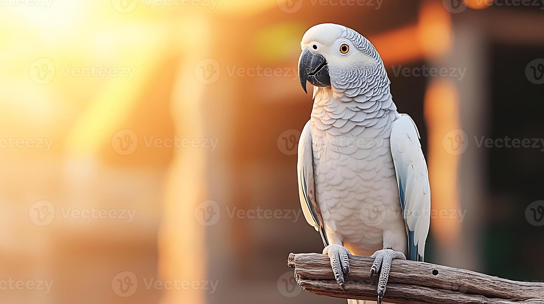 A majestic parrot perched on a branch during sunset, with a soft golden glow in the background photo