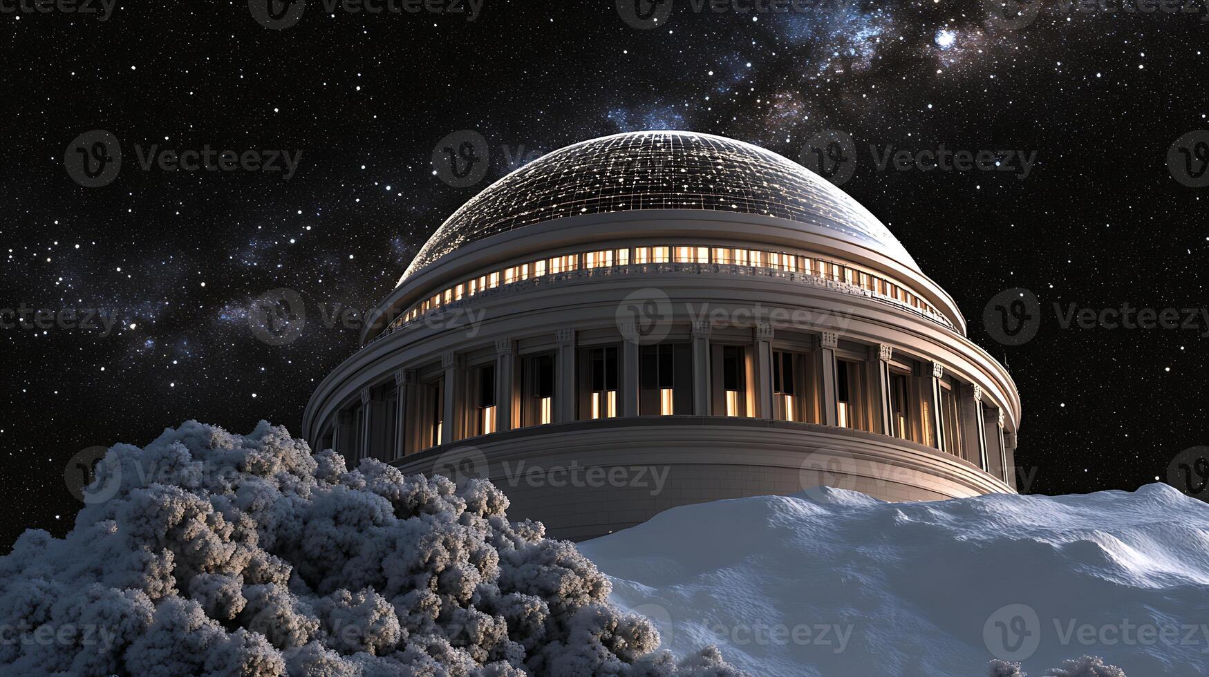 A majestic observatory dome under a starry night sky, surrounded by snow-covered terrain photo