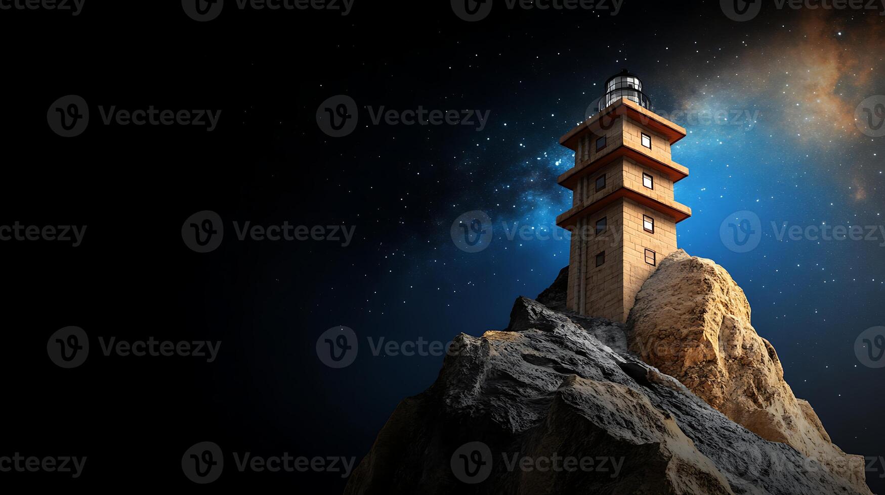 A majestic lighthouse stands atop a rocky cliff, illuminated under a starry night sky photo