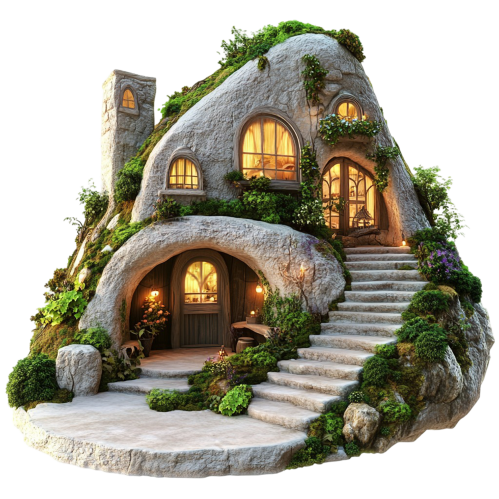 Fantasy Stone House with Greenery on Transparent Background png