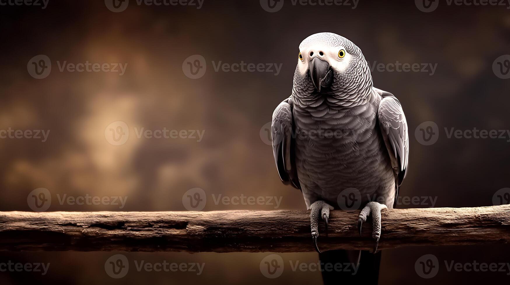 A majestic grey parrot perched on a rustic branch, with a soft, blurred background suggesting tranquility photo