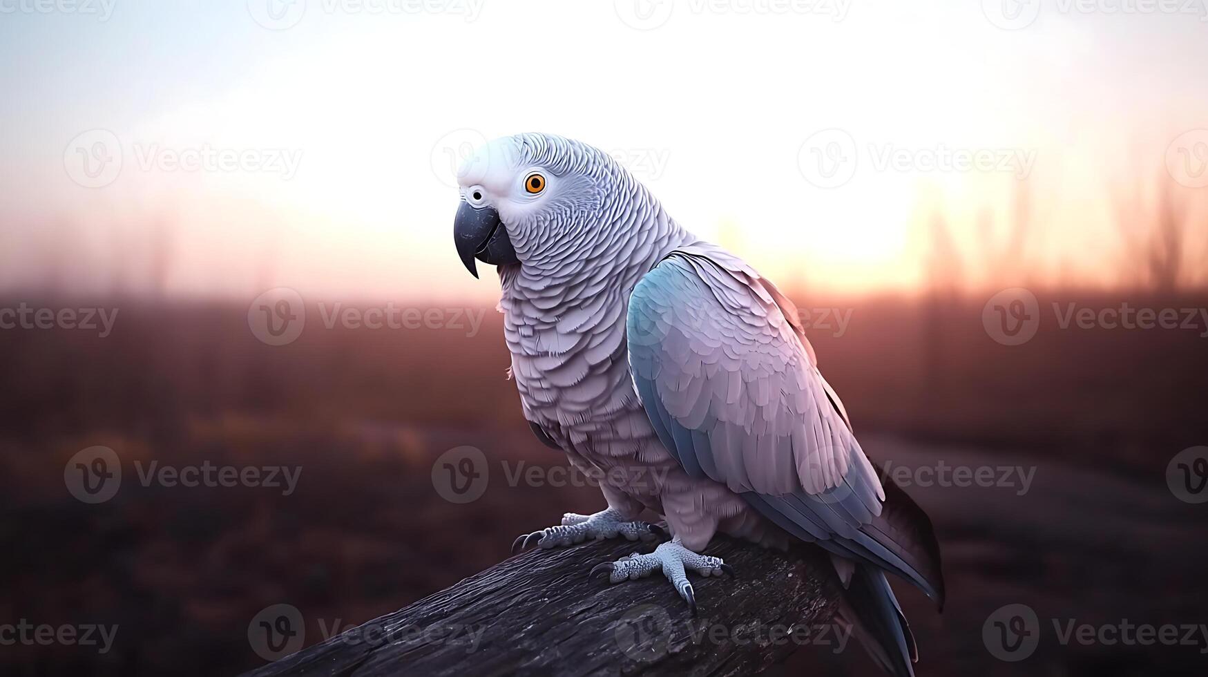 A majestic parrot perched on a weathered log during a serene sunset in a tranquil landscape photo