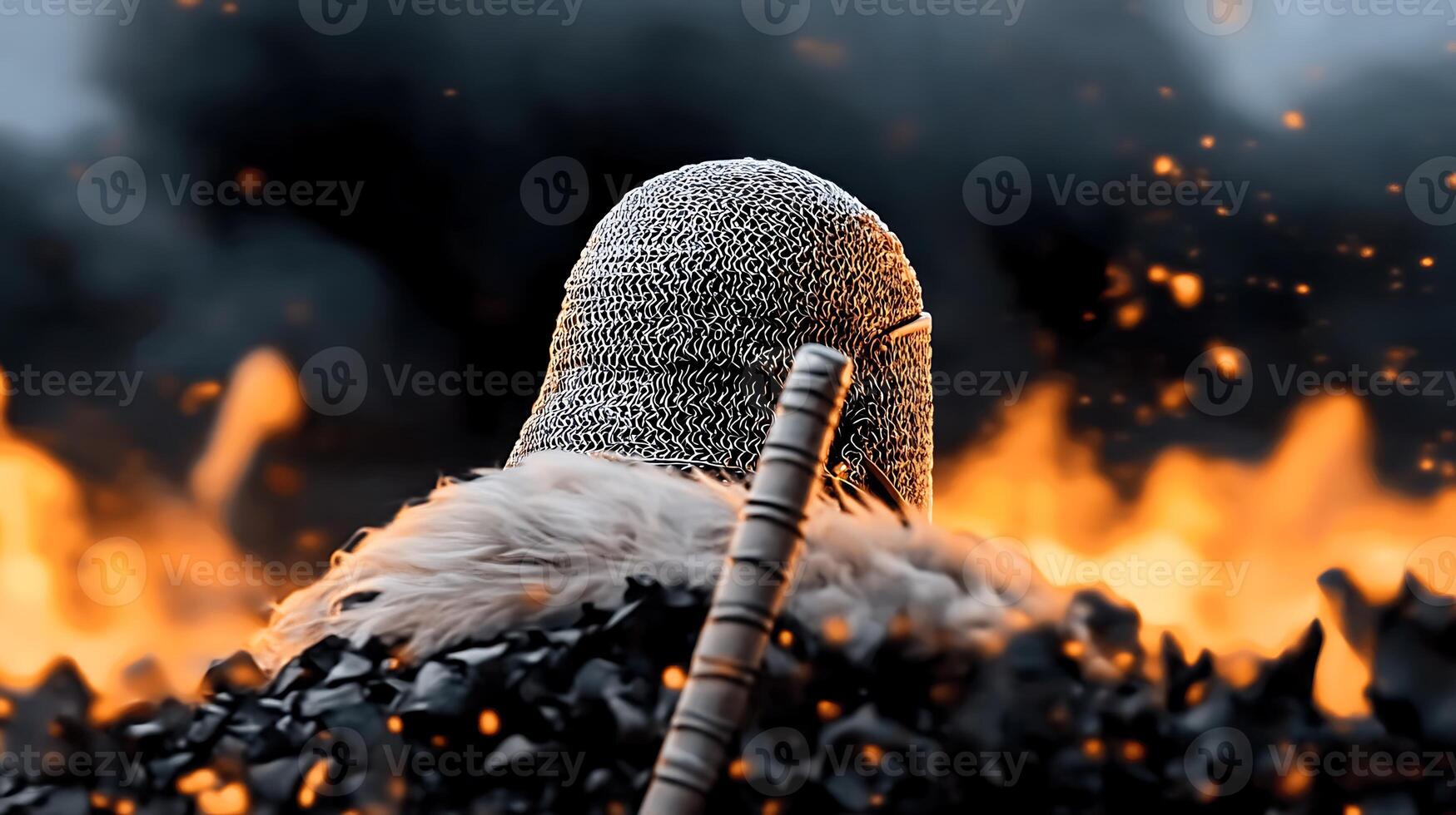 A lone warrior in chainmail stands before a raging fire, symbolizing bravery and resilience photo
