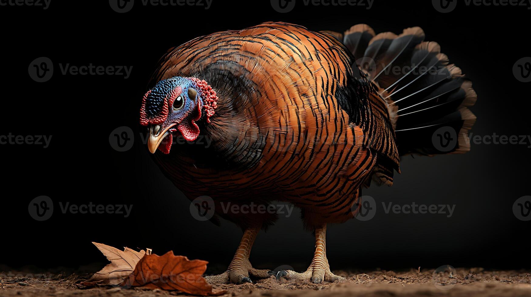A majestic turkey standing on the ground with autumn leaves, showcasing its vibrant plumage and natural habitat photo
