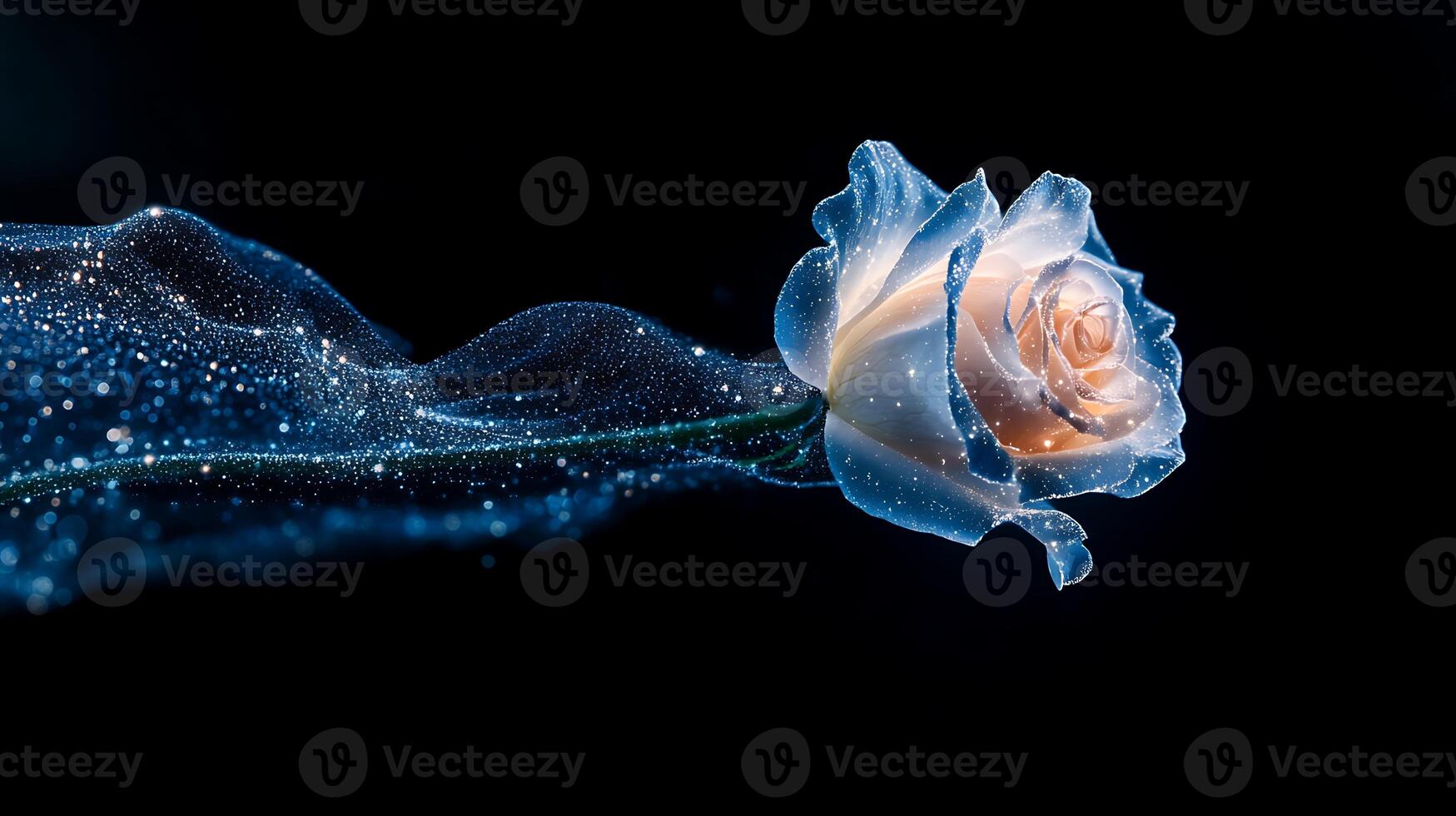 A luminous blue rose with sparkling particles, set against a black background, symbolizing beauty photo