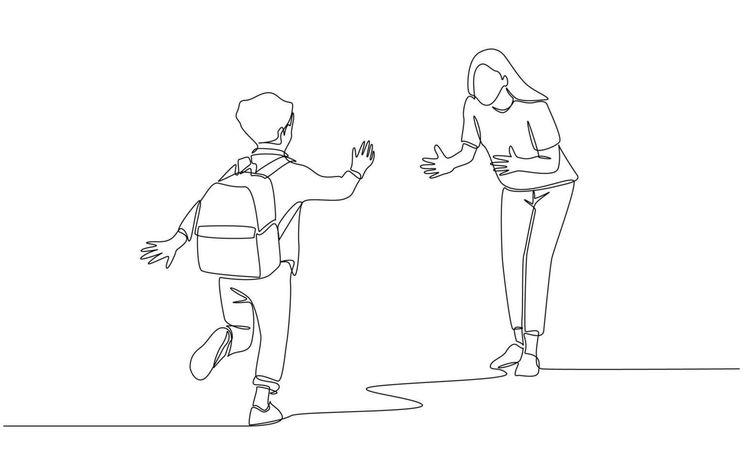 Continuous one line drawing of mother welcoming son backing from school with open arms, parenthood time concept, single line art vector