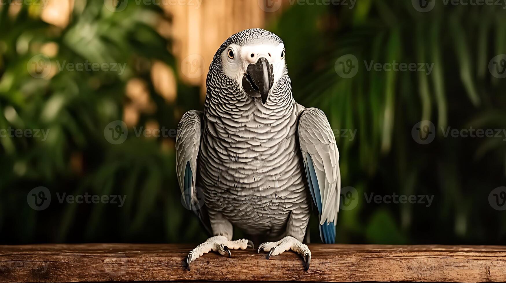 A majestic gray parrot perched on a wooden branch amidst lush green foliage in a serene environment photo