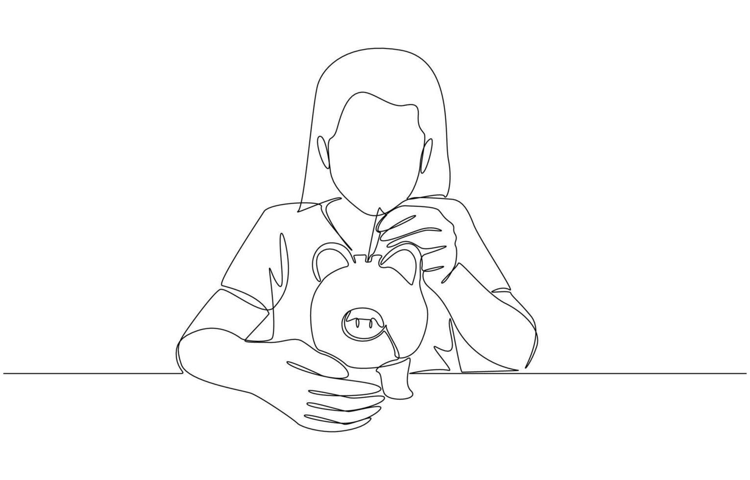 Continuous one line drawing of girl putting banknote into piggy bank, building a habit of saving concept, single line art vector