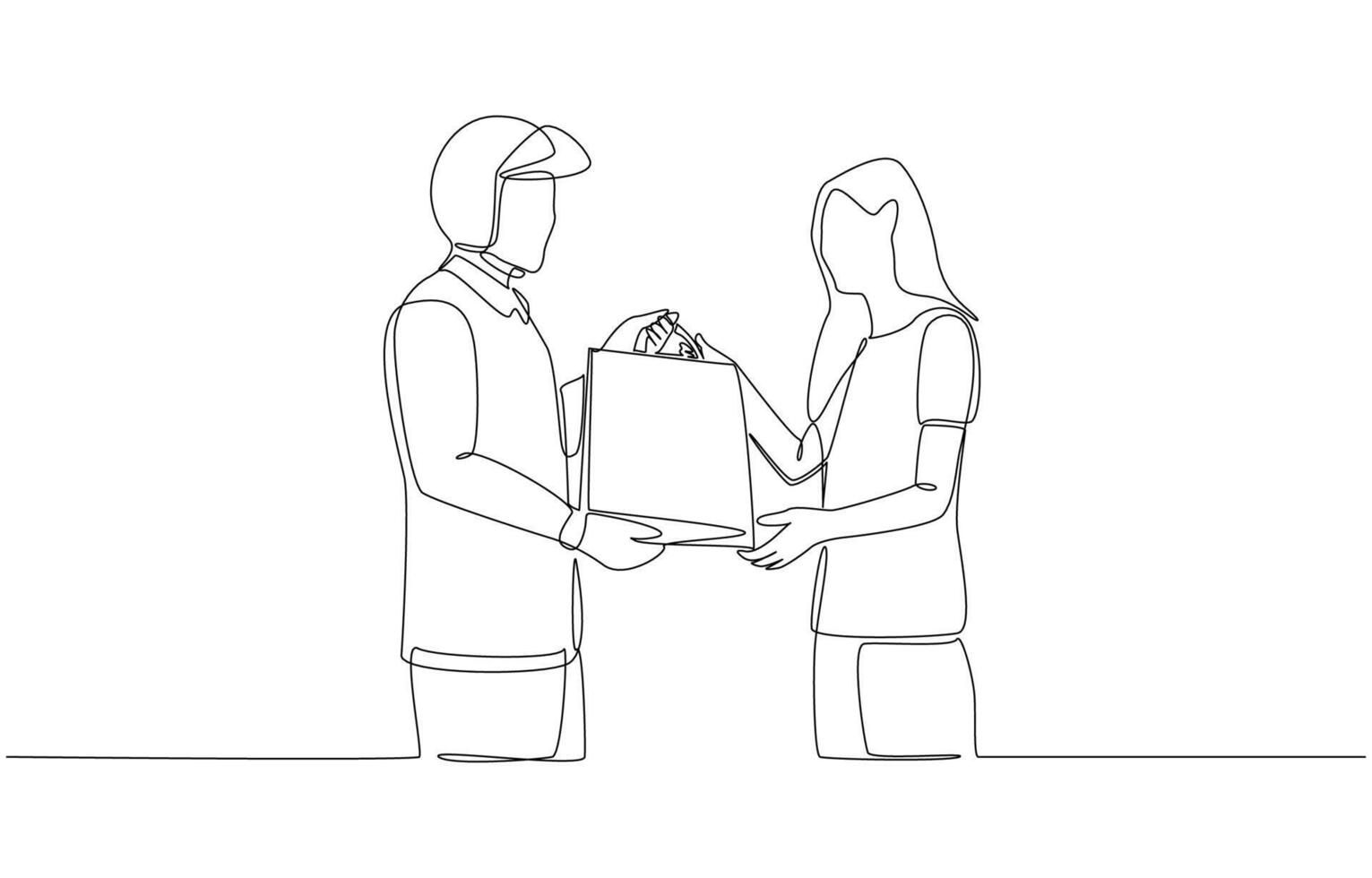 Continuous one line drawing of delivery man delivering bag of food to customer, food delivery concept, single line art vector