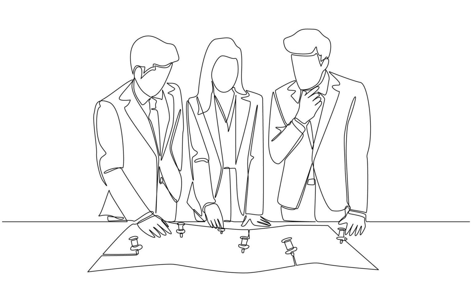 Continuous one line drawing of businesspeople adding new pin to map, business expansion meeting concept, single line art vector