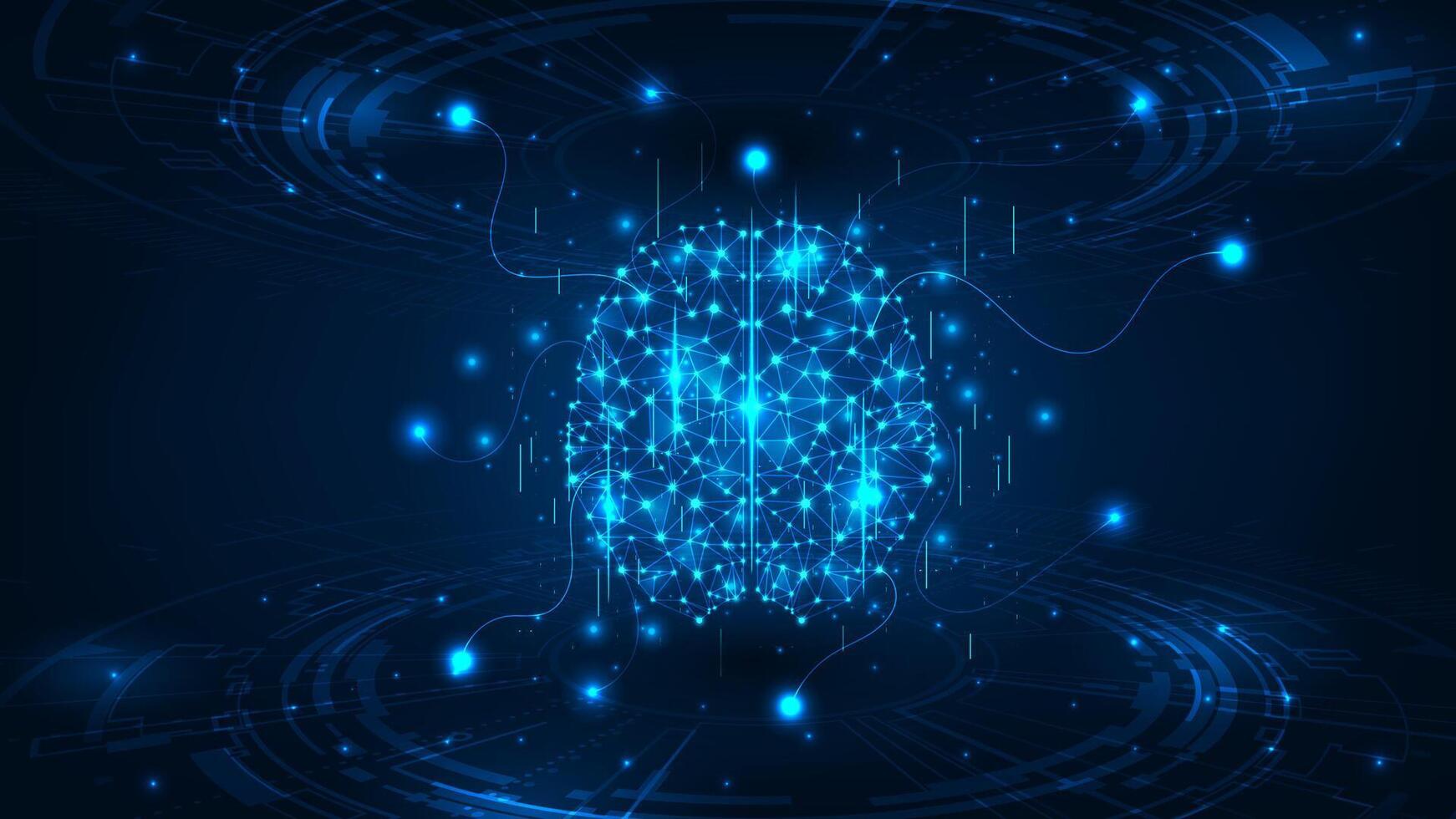 Artificial Intelligence concept. Glowing blue brain circuit with HUD intreface. Technology abstract background. vector
