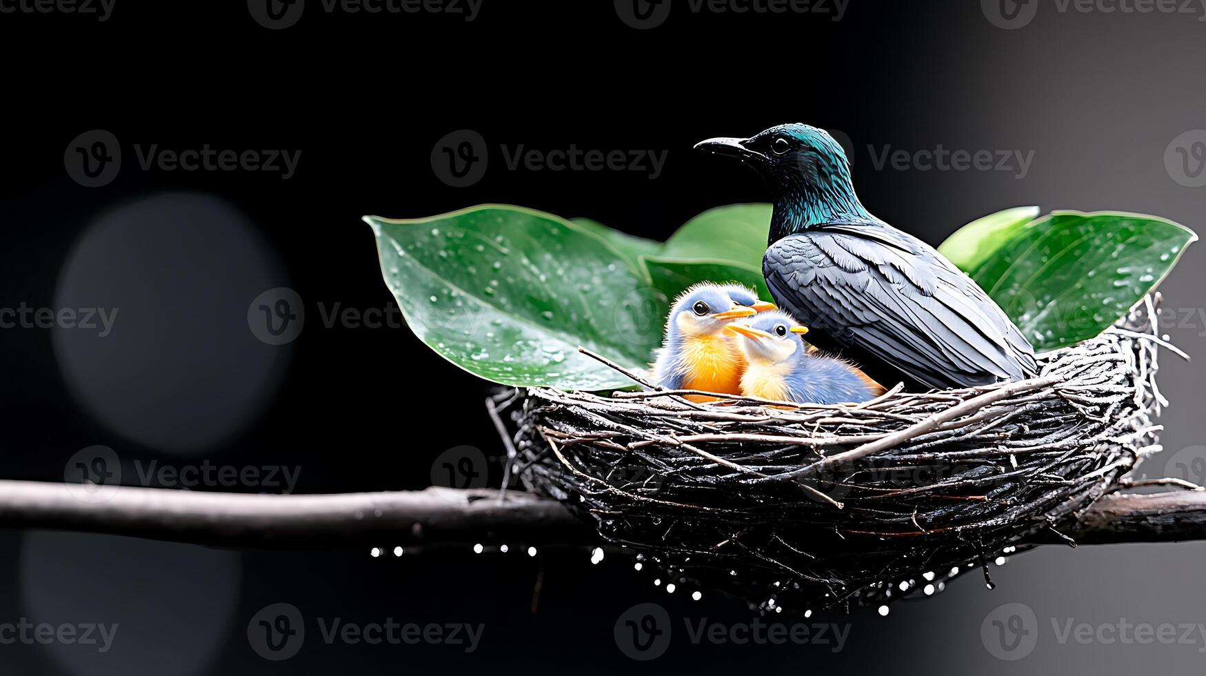 A mother bird caring for her chicks in a lush nest surrounded by green leaves and blurred background photo